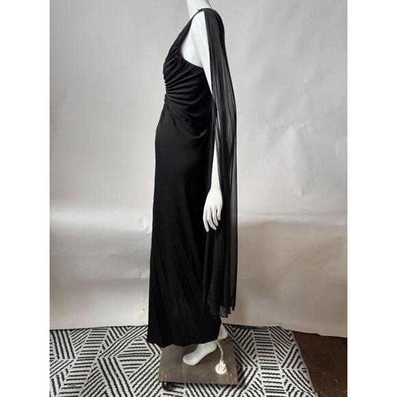 BCBG Max Azria Black Pleated Evening Gown With Sheer Asymmetrical Drape & Ruched - Picture 3 of 16